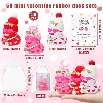 Lunmon 50 Pcs Valentine's Day Rubber Duck for Exchanging Gifts 50 Cards 50 Organza Bags 50 Hats 2 Inch Pink Red Heart Love Valentines Duck with Fake Pearl Necklace for Party Favors