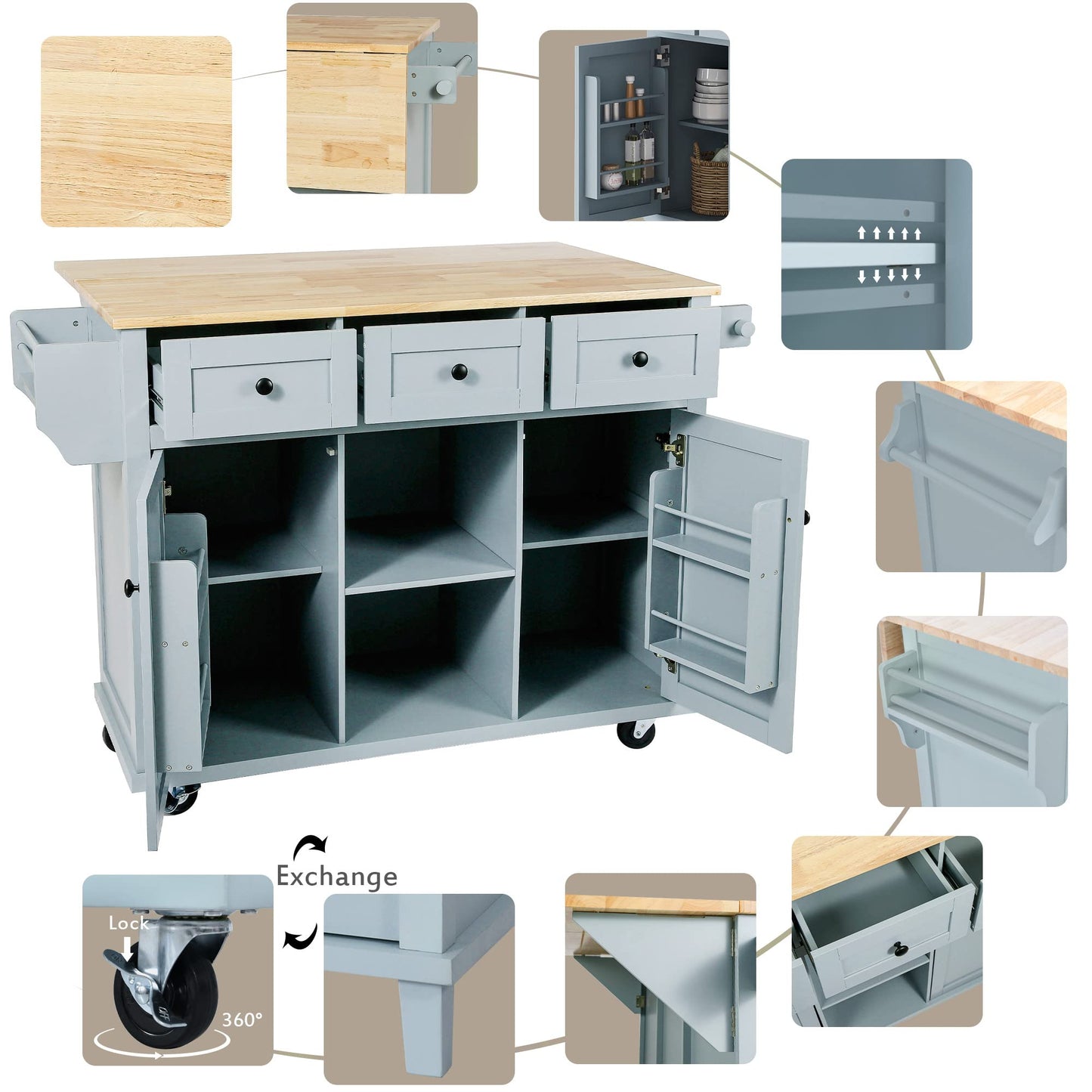 Yayzy Rolling Kitchen Island with Drop Leaf, Cabinet Door Storage Racks & 3 Drawers, Mobile Kitchen Cart with Rubberwood Top & Locking Wheels for Dining Room & Kitchen, 53-Inch, Grey Blue