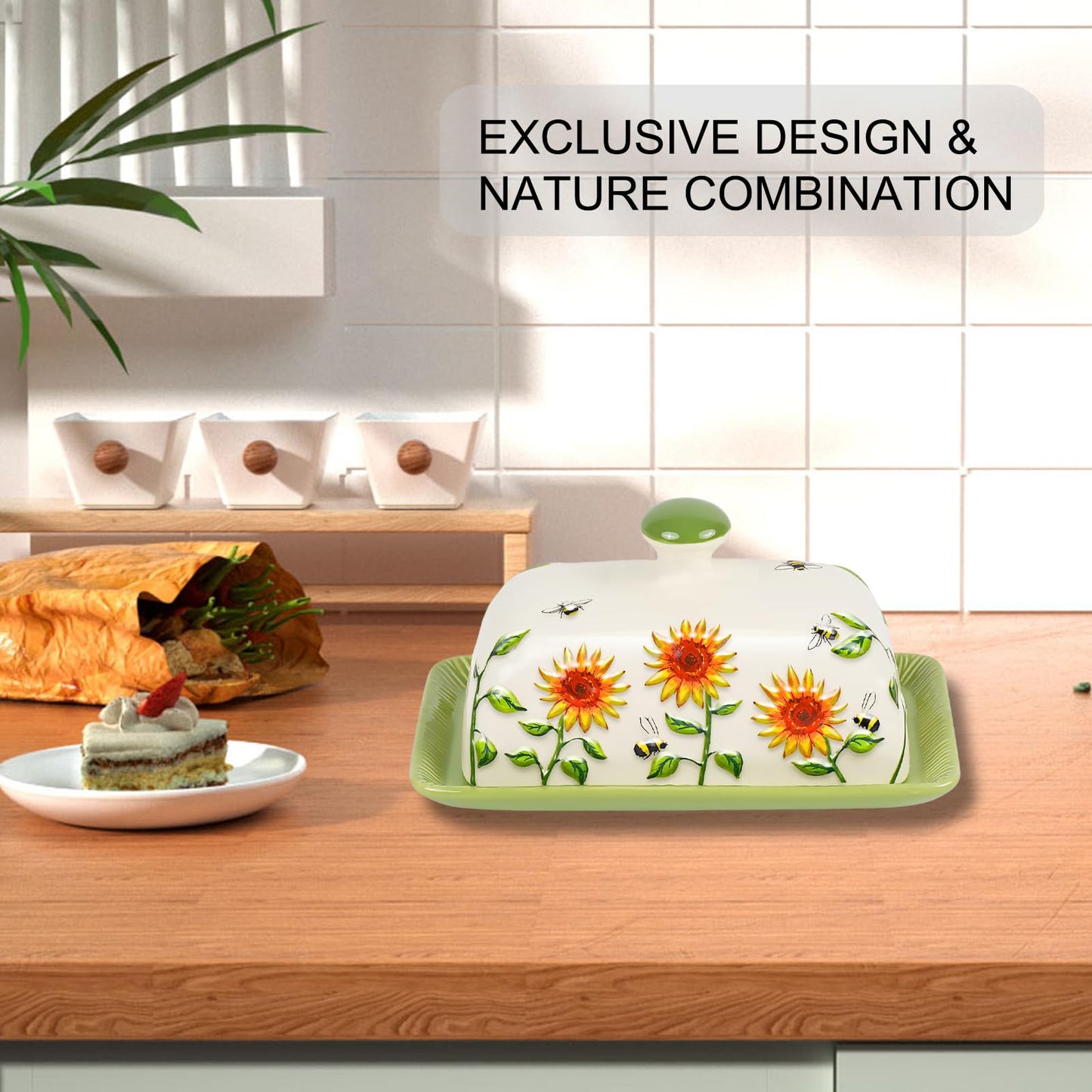 Butter Dish with Lid for Countertop, Sunflower Butter Keeper Holder, 7.5”x4.3” Large Ceramic Butter Tray Storage Sunflower Decor Valentine's Day Mother's Day Gifts