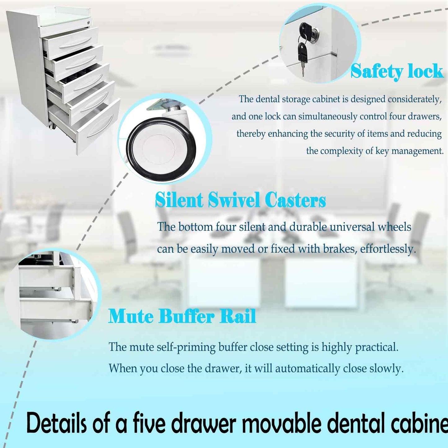 BEILOCKERY Dental Special Storage Cabinet, Stainless Steel Laminate Dental Cabinet Mobile Cart with 5 Drawers and ABS Partition, Lockable Moving Side Cart with Wheels