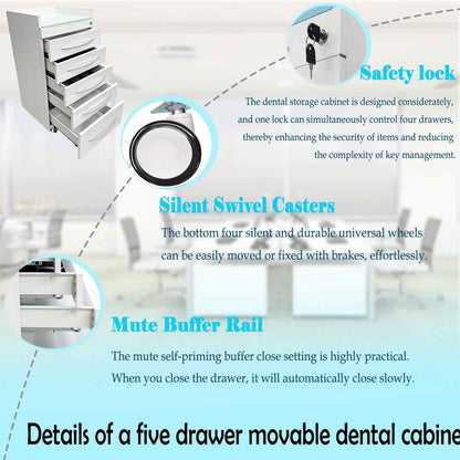 BEILOCKERY Dental Special Storage Cabinet, Stainless Steel Laminate Dental Cabinet Mobile Cart with 5 Drawers and ABS Partition, Lockable Moving Side Cart with Wheels