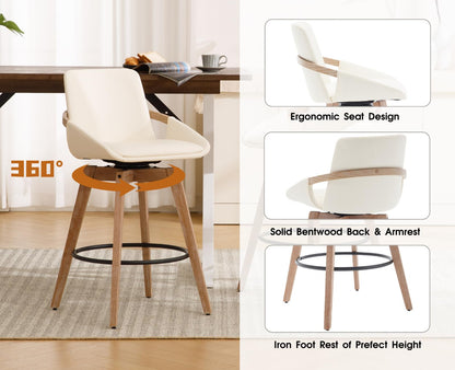 CIMOTA Leather Swivel Bar Stools Set of 4, Mid-Century Modern Counter Height Chairs with Faux PU Upholstery and Natural Wooden Legs for Kitchen Island, 26 Inch/Beige