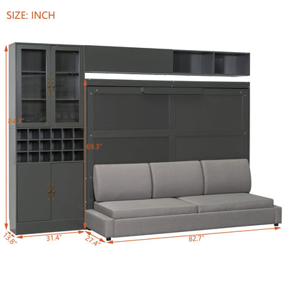 Merax Queen Size Murphy Bed Wall Bed with Sofa, Shelves, USB & Light - Space Saving Foldable Bed for Small Apartments, Grey