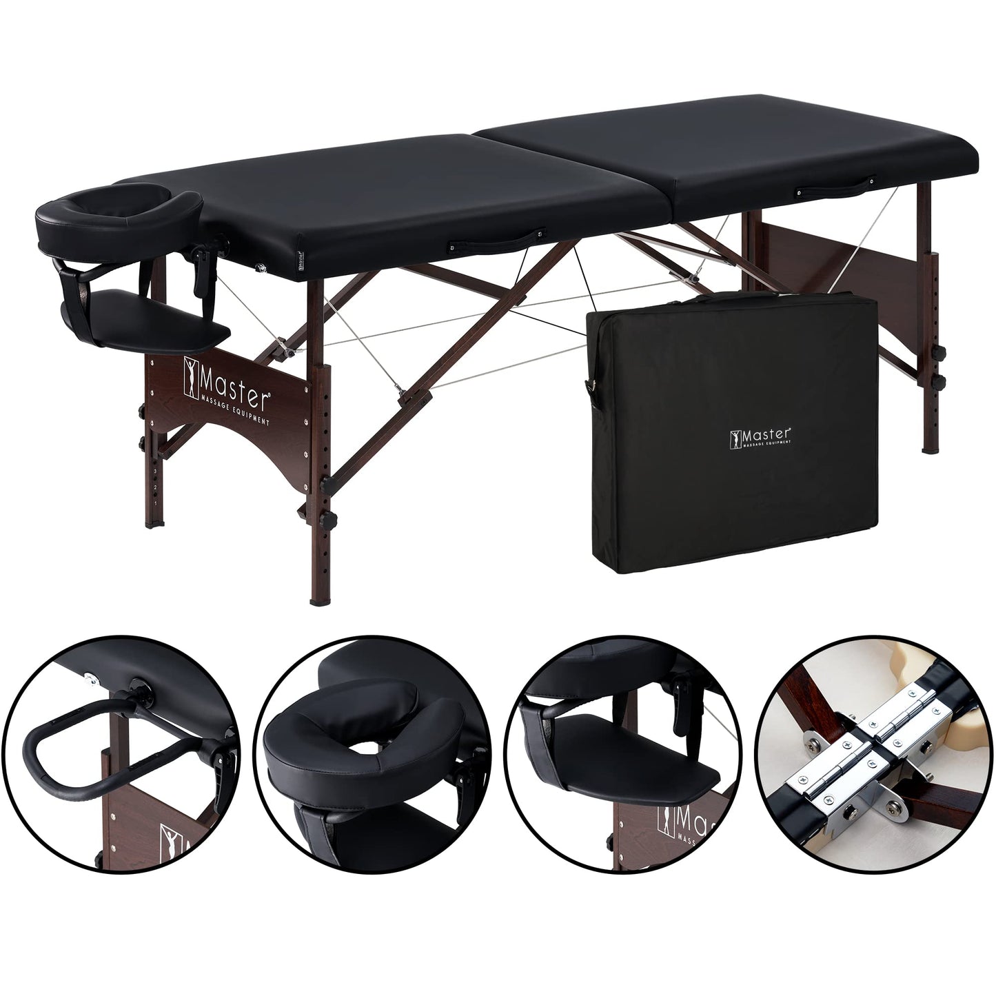 Master Massage Argo 28" Portable Massage Table with Walnut Legs – Spa Bed, Lash Table, Tattoo Bed, Beauty Bed – Black (Extra Music Face Cushion)