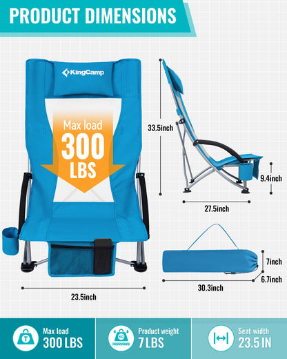 KingCamp Low Beach Chair, Folding Portable Chairs for Adults lightweight Extra Wide Ergonomic High Mesh Back Seat 300lbs Heavy Duty Oversized Gear with Carry Bag for Outdoor Lawn Camping Picnic