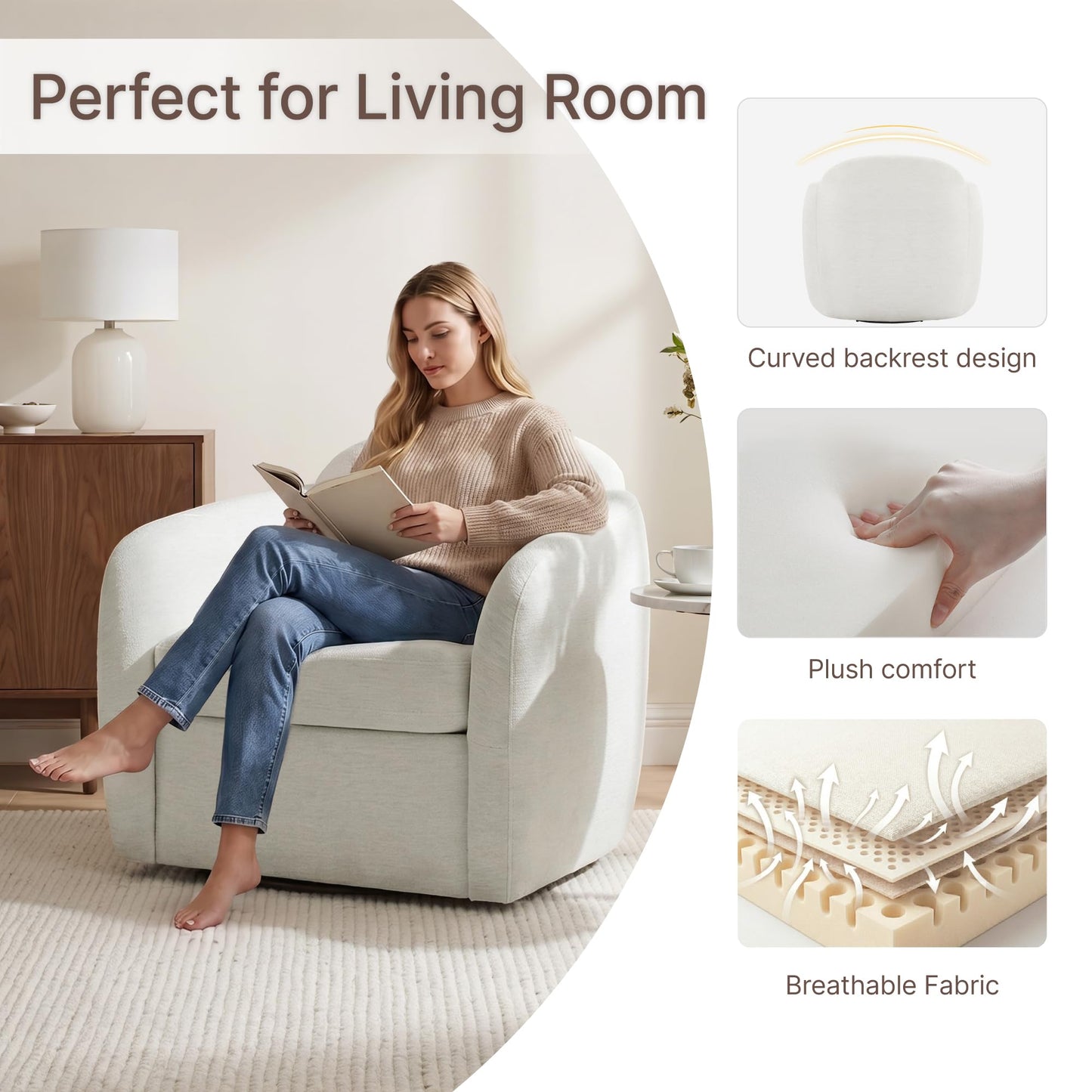 360° Swivel Accent Chair, Comfy Upholstered Barrel Chairs with Pillow, High Back for Bedroom Living Room, Reading Room,Linen