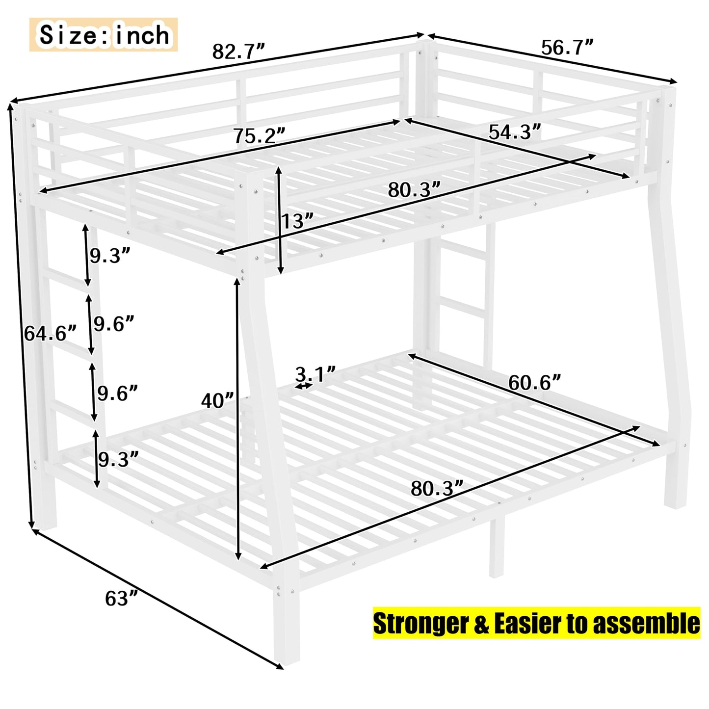 SICONE Stronger & Upgraded Heavy Duty Metal Bunk Bed Frame Full XL Over Queen Size, Safer Thickened More Stable Steel Bunkbed (White,Full XL Over Queen)