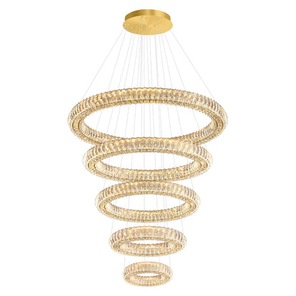 IDEQUY Large Gold Ring Chandelier for High Ceiling Modern Long Crystal Chandelier Lighting, Dimmable LED Ceiling Chandeliers,5 Ring D8‘’+15.7‘’+23.6‘’+31.5‘’+39.4''