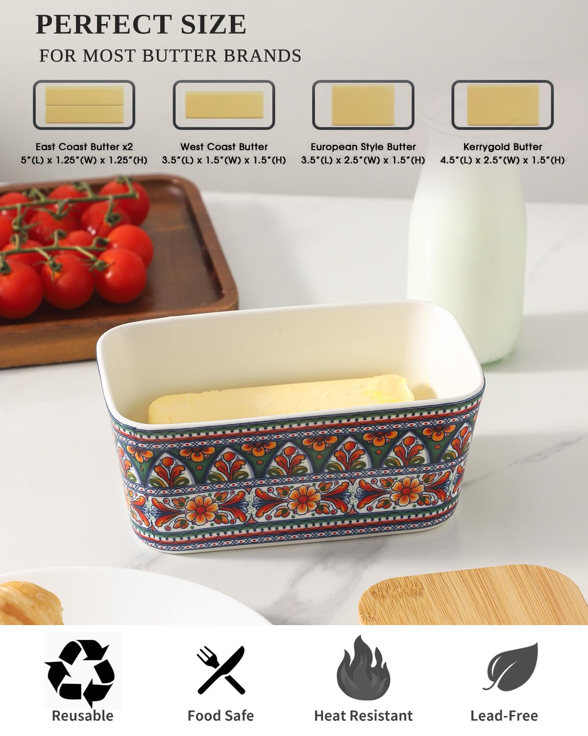 JINGUS Butter Dish - Large Ceramic Bohemian Butter Dish with Lid for Countertop, Airtight Butter Container Holder Keeper Box Storage with Bamboo Cover and Silicone Ring for East West Coast