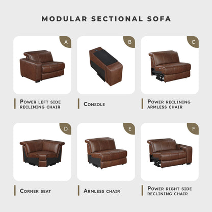Lexicon Sectional Couches for Living Room-Modular Sectional Sofa, 5 Seater L Shaped Couch, Storage Console, Power Headrests, Charging Ports, 3 Wall Hugger Recliner Seats, Top Grain Leather Brown