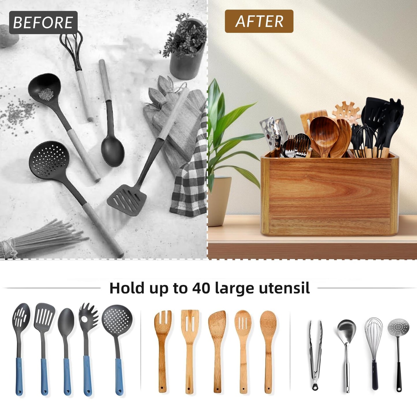 Wooden Kitchen Utensil Holder Organizer for Counter or Countertop, Large Wooden Utensil Holder for Storage Cooking and Silverware with 4 Compartment, Acacia Rustic Wood Container Extra Large