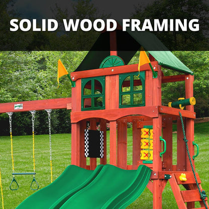 Gorilla Playsets 01-1057 Playmaker Deluxe Wooden Swing Set with Vinyl Canopy Roof, Dual Wave Slides, and Rock Climbing Wall, Redwood Stained Cedar