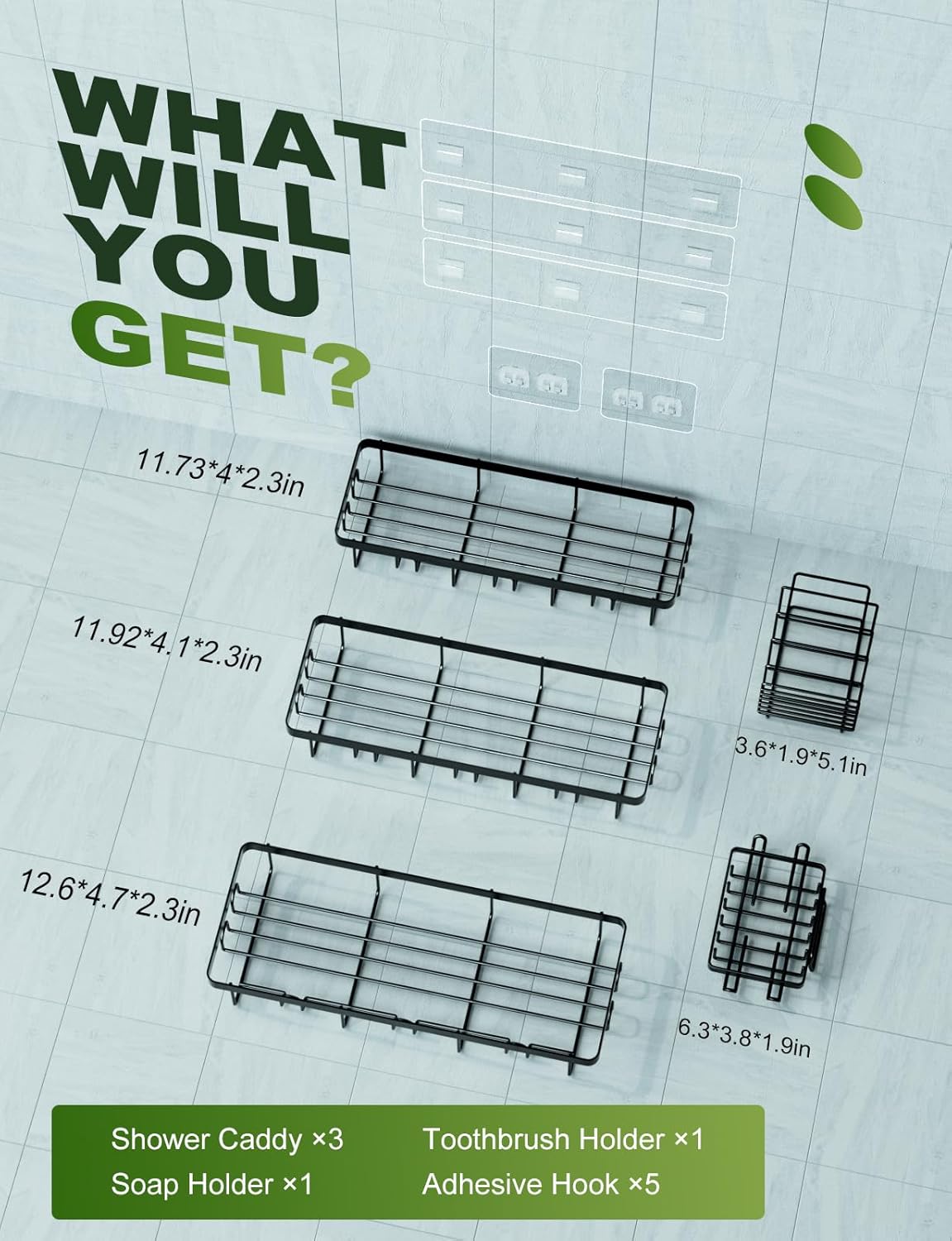 GVY Shower Caddy 5 Pack, Adhesive Organizer Bathroom Shelves, Rustproof Storage for Home Decor, No Drilling Shower