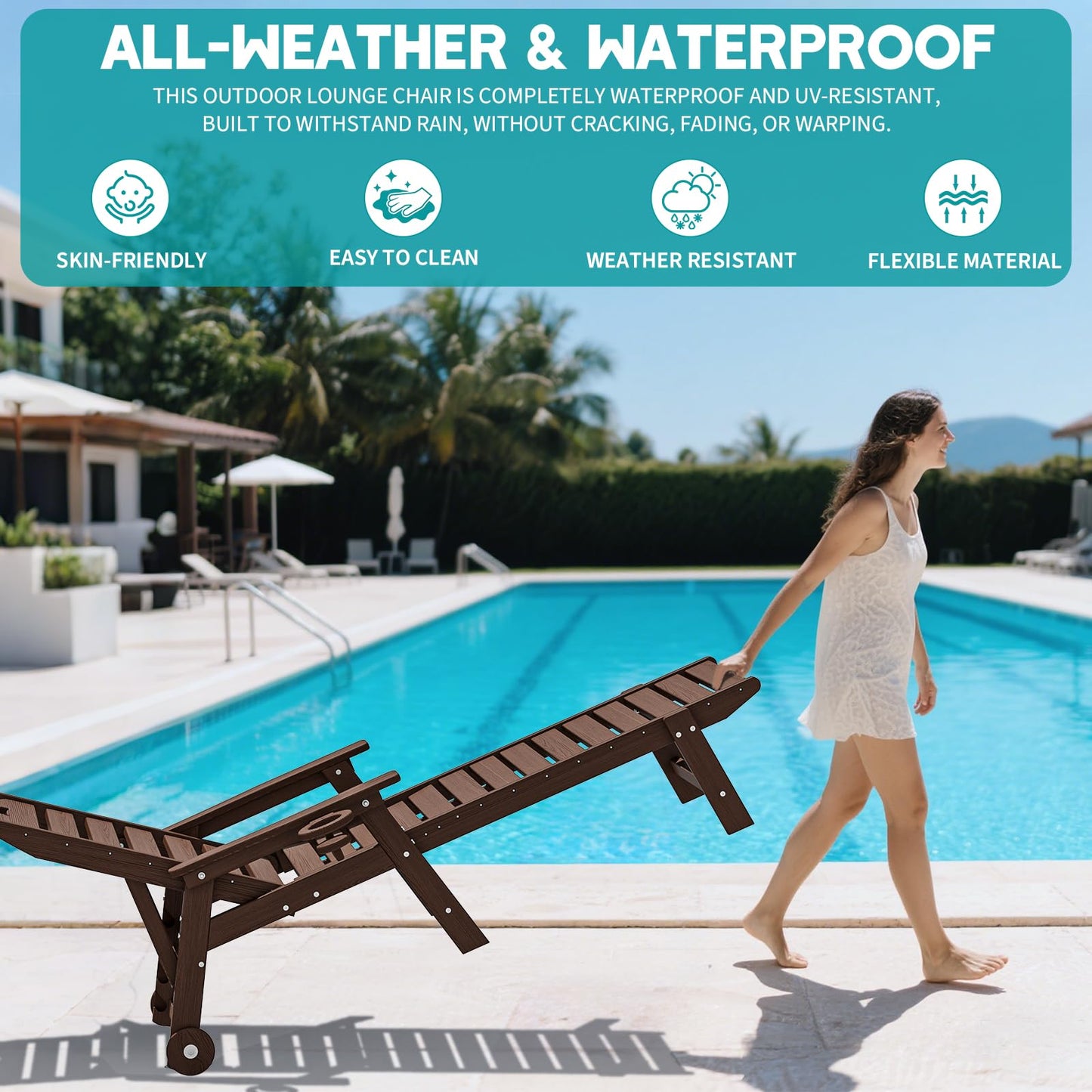 Plawdlik Oversized Patio Chaise Lounge Set of 2, 5 Positions Adjustable HDPE Outdoor Lounge Chair with Rolling Wheels & Cup Holder,All-Weather for Poolside, Beach, Garden - Coffee
