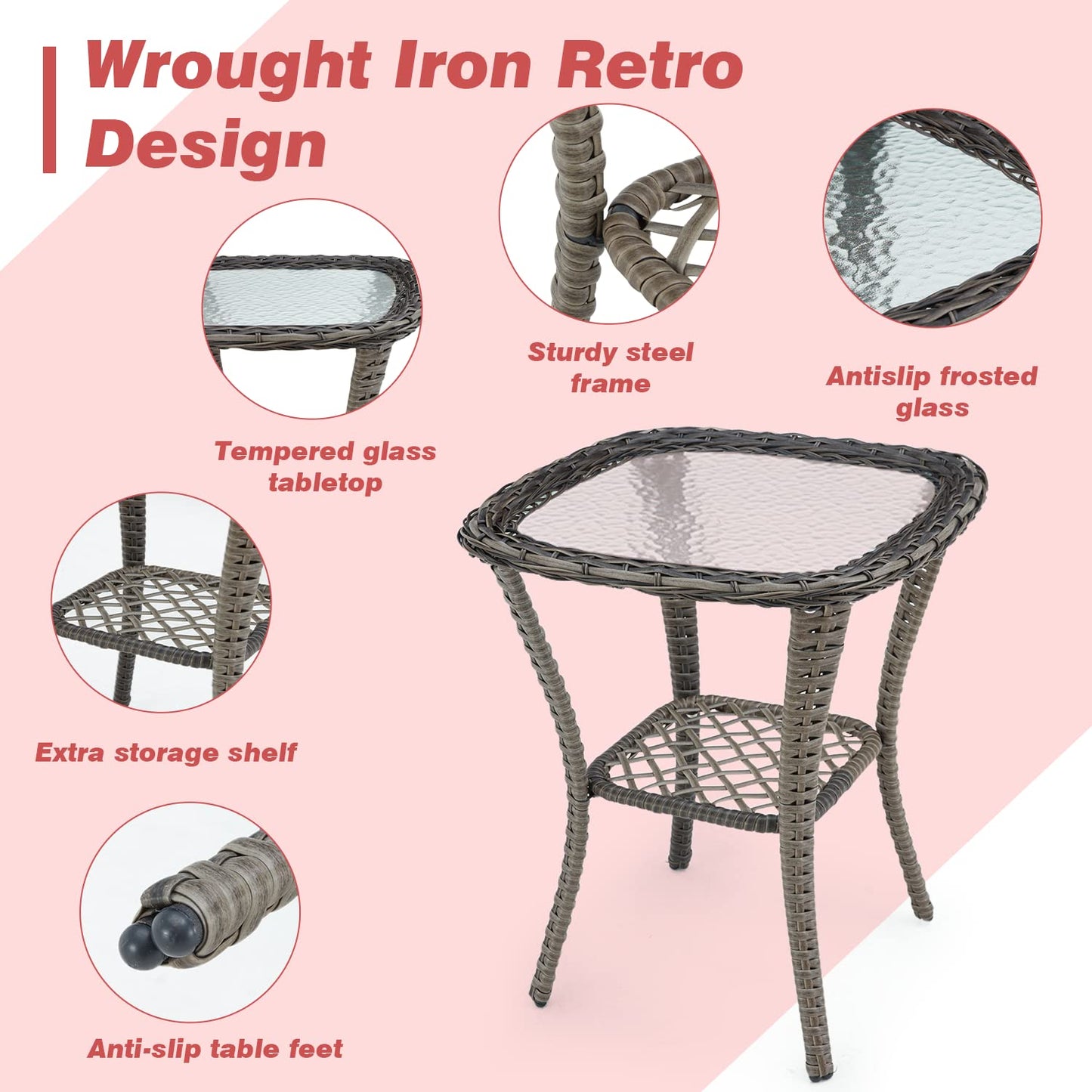 MELLCOM 3 Pieces Patio Furniture Set, Outdoor Swivel Rocker Patio Chairs, Wicker Patio Bistro Set with Rocking Chair, Thickened Cushions and Glass Coffee Table for Backyard, Garden, Wine Red