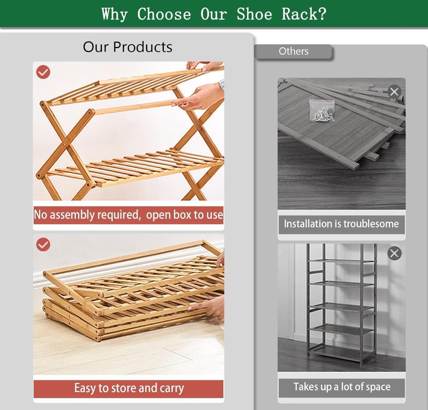 2 (2 Tier Bamboo Shoe Rack,Portable Folding Shoe Storage Rack,Without Installation Small Shoe Rack Perfect