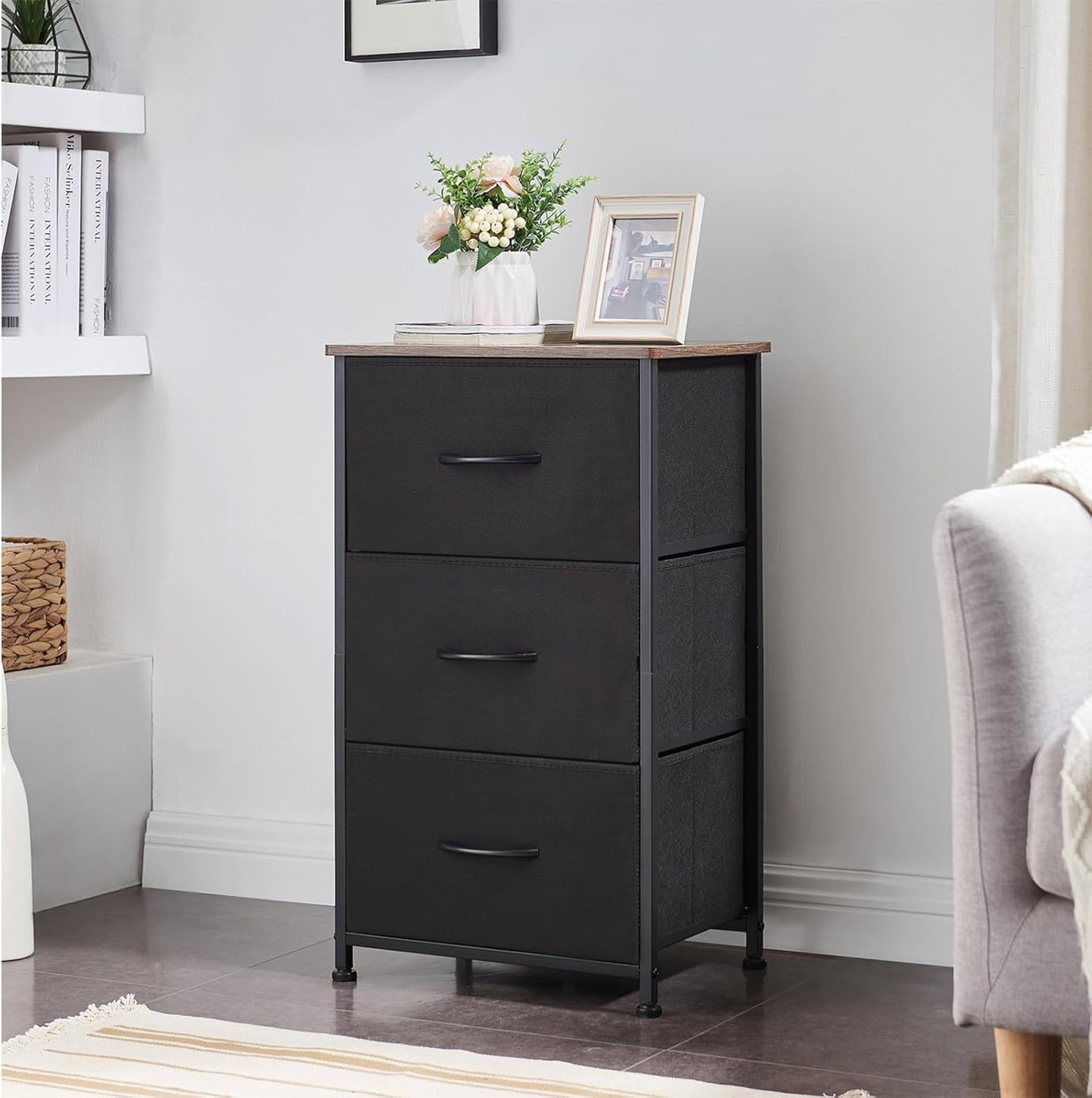 Somdot Small Dresser for Bedroom - 3 Drawers Storage Chest with Removable Fabric Bins for Closet, Black