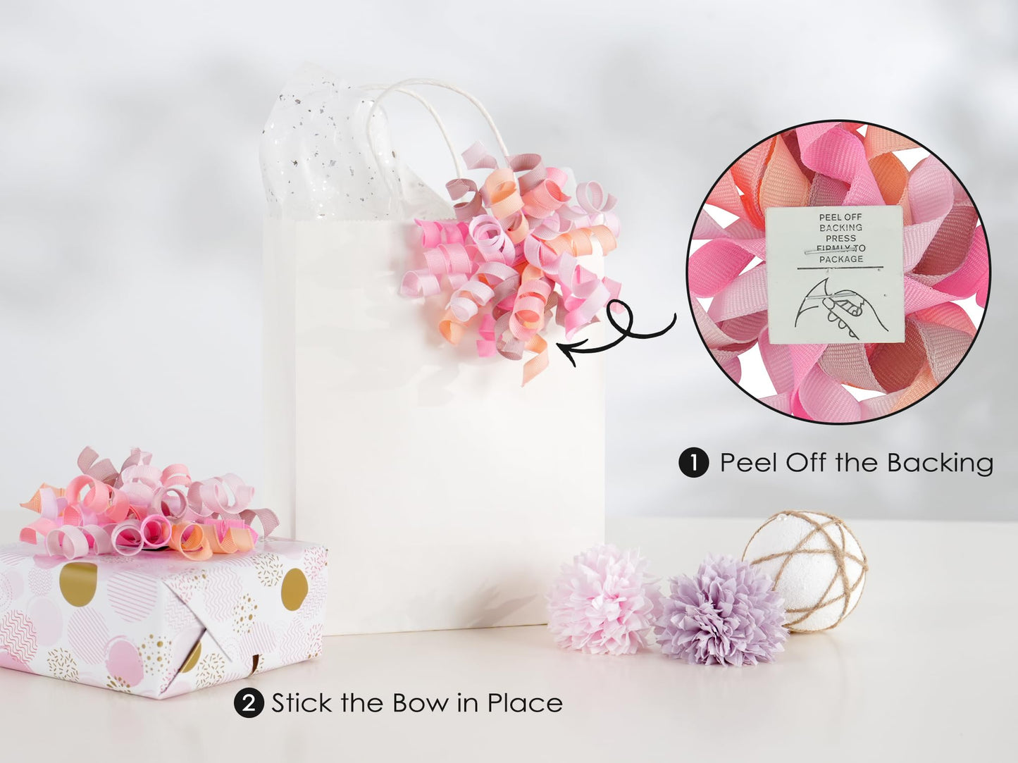 HUIHUANG Dusty Pink & Rose Bows for Gift Wrapping, Self-Adhesive Curly Ribbons for Presents, Wine Bottles, Treat Bags, Birthday & Wedding Favors - 6 Counts