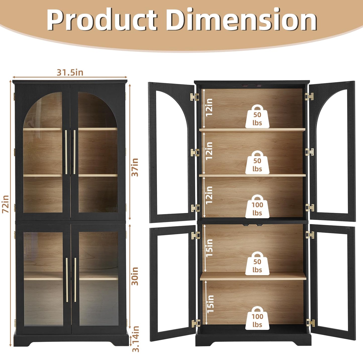 Joaxswe 72" Tall Bookshelf Set of 2, Farmhouse Bookcase with 3-Tier Adjustable Shelves, Modern Living Room Display Cabinet with Glass Doors, Large Storage Cabinet for Home Office,Dining Room, Black