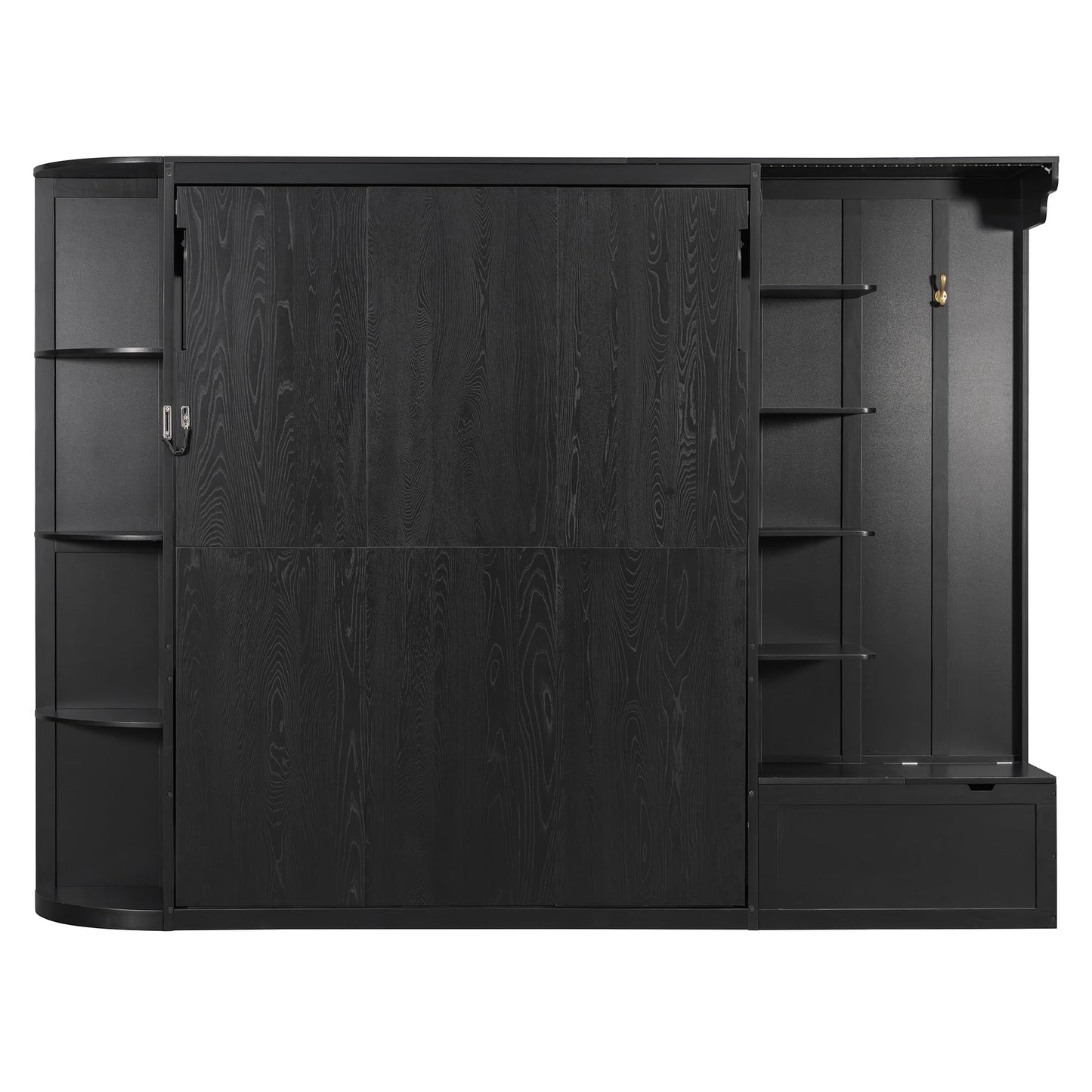 Merax Queen Size Murphy Bed with Storage and Lights, Hidden Fold-Out Legs, Foldable Murphy Cabinet Bed with Hook, Built-in Shelves & Cabinets, Wood Space-Saving Wall Bed for Guest Room Office, Black