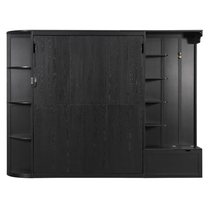 Merax Queen Size Murphy Bed with Storage and Lights, Hidden Fold-Out Legs, Foldable Murphy Cabinet Bed with Hook, Built-in Shelves & Cabinets, Wood Space-Saving Wall Bed for Guest Room Office, Black