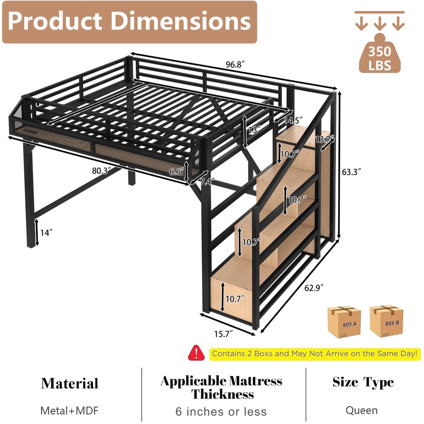 Bellemave Queen Metal Loft Bed with Storage Stairs, Shelves & Wardrobe, Queen Size Loft Bed Frame with LED Lights & USB Ports for Kids Teens, Noise-Reduced Design, Natural Wood