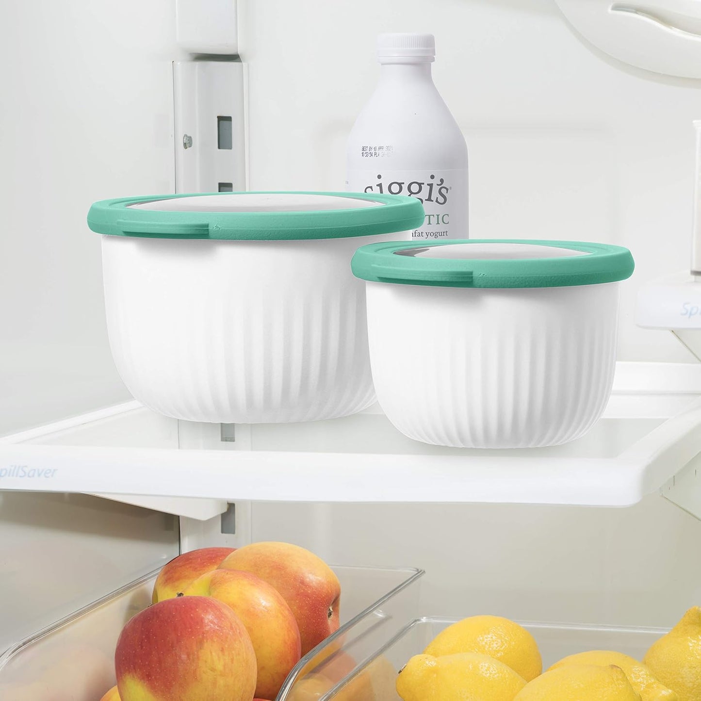 OGGI Prep, Store & Serve Plastic Bowl with See-Thru Lid, Dishwasher, Microwave & Freezer Safe (0.7 qt) White/Aqua