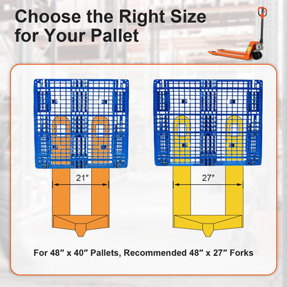 Tory Carrier Manual Pallet Jack Truck - 5500lbs Capacity, 48" L x 21" W Forks - Heavy-Duty Hand Pallet Truck with Controllable Lowering Speed, Overload Protection, and Nylon Wheels-2PCS