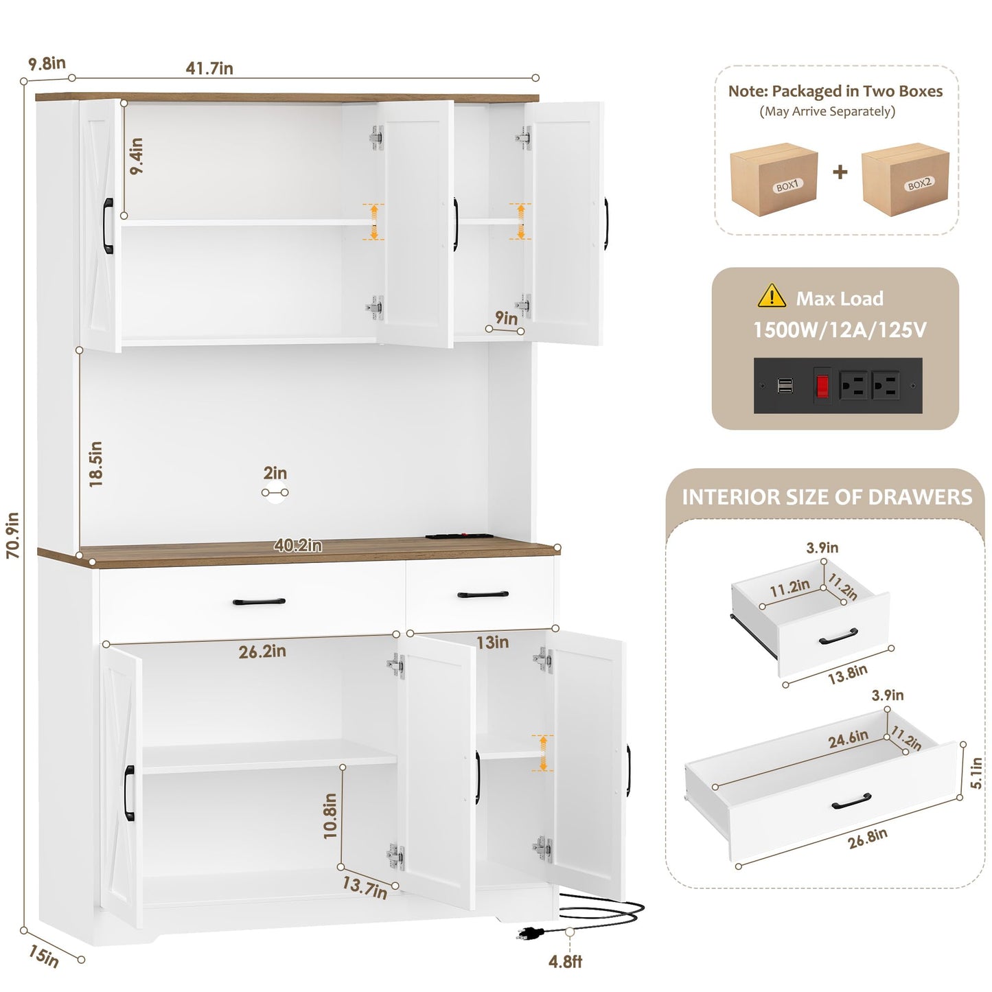 HOSTACK 71" Pantry Cabinet with Charging Station, Tall Kitchen Pantry Storage Cabinet with Microwave Stand, Farmhouse Kitchen Hutch with Storage Drawers for Living Room, Dining Room, White