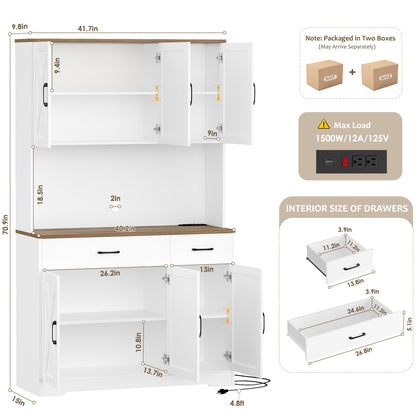 HOSTACK 71" Pantry Cabinet with Charging Station, Tall Kitchen Pantry Storage Cabinet with Microwave Stand, Farmhouse Kitchen Hutch with Storage Drawers for Living Room, Dining Room, White
