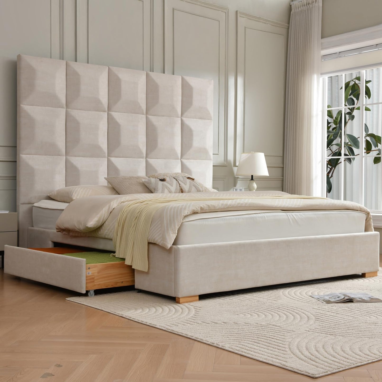 YUHUASHI King Size Bed Frame with 71.5-inch high headboard with Oversized Storage Drawers, Wood Slat Supports, no Springs Required (Beige, King (U.S. Standard))