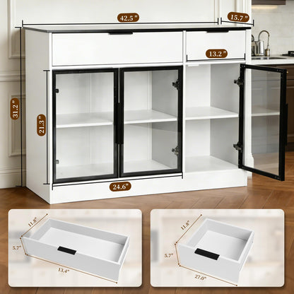 Ntufrest Buffet Cabinet with Drawers, Buffet Storage Cabinet with Transparent Glass Doors, Kitchen Supplies Storage Cabinet, Wooden Coffee Bar Table for Dining Room,Living Room Entrance, White