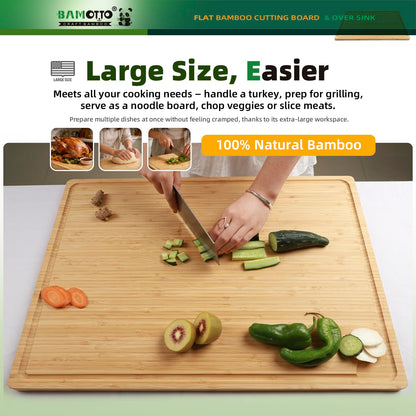 BAMOTTO CRAFTBAMBOO XXL Extra Large 100% Organic Bamboo Cutting Board 24"x18" - Butcher Block Chopping/Carving Board with Handle & Juice Groove for Turkey, Meat, Vegetables, BBQ