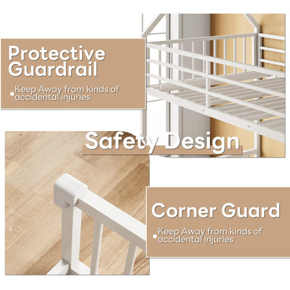 LIKIMIO Bunk Bed Twin Over Full Size, House Bunk Bed Frame with Ladder and Guardrail, House Shaped with Metal Slats Support No Box Spring Needed Space Saving for Bedroom and Dorm, White