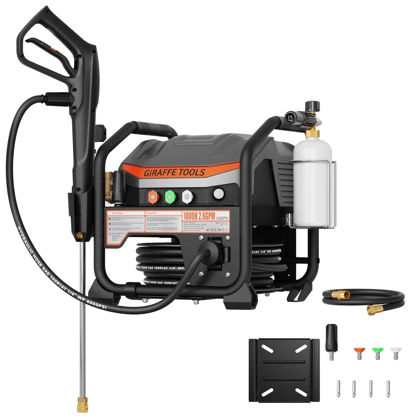Giraffe Tools Crossfalls Retractable Pressure Washer Ultra, Max 2.6GPM 1650PSI with Brushless Motor, Wall Mount Electric Power Washer with 50ft Pressure Hoses, 4-Nozzle, Foam Cannon, Automatic Rewind