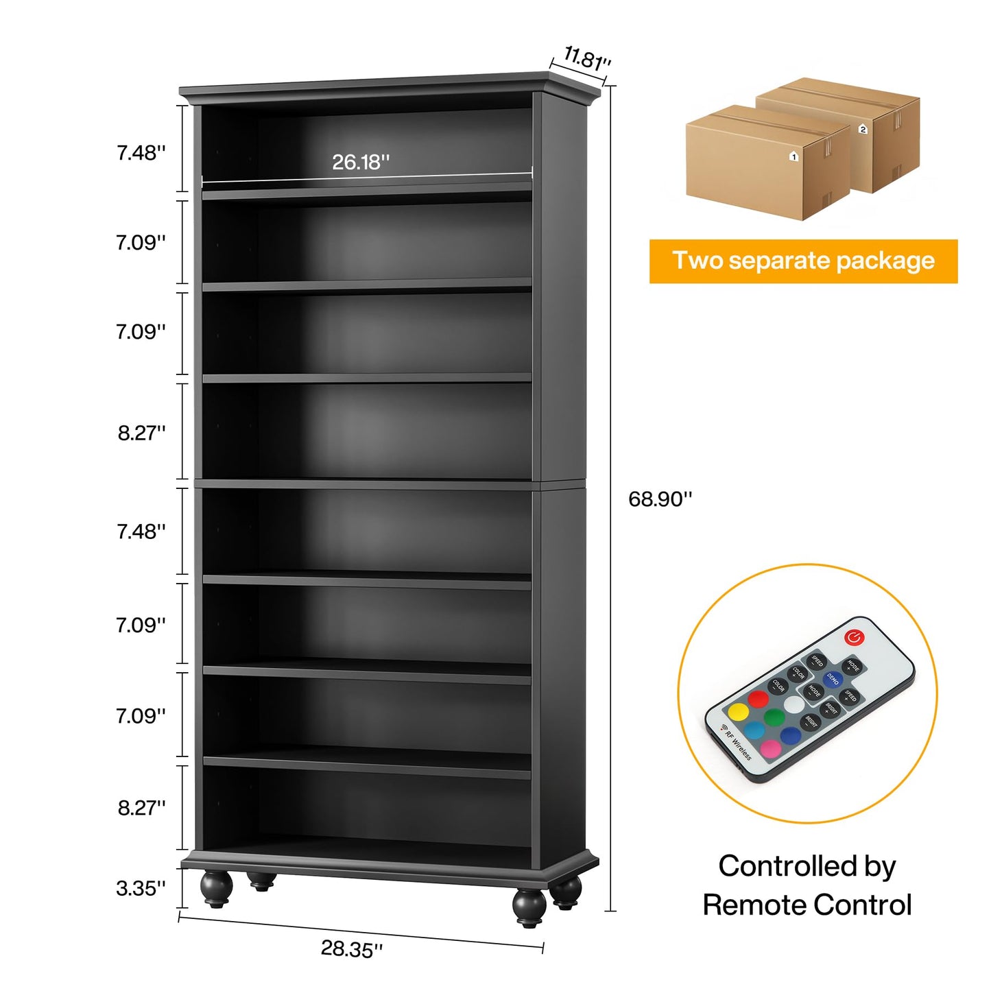 Tribesigns Narrow Tall Shoe Cabinet with LED Lighting, 9-Tier 30 Pairs Freestanding Shoes Storage Cabinet, Wood Shoe Organizer Cabinet with Solid Wooden Legs for Entryway (2, Black)