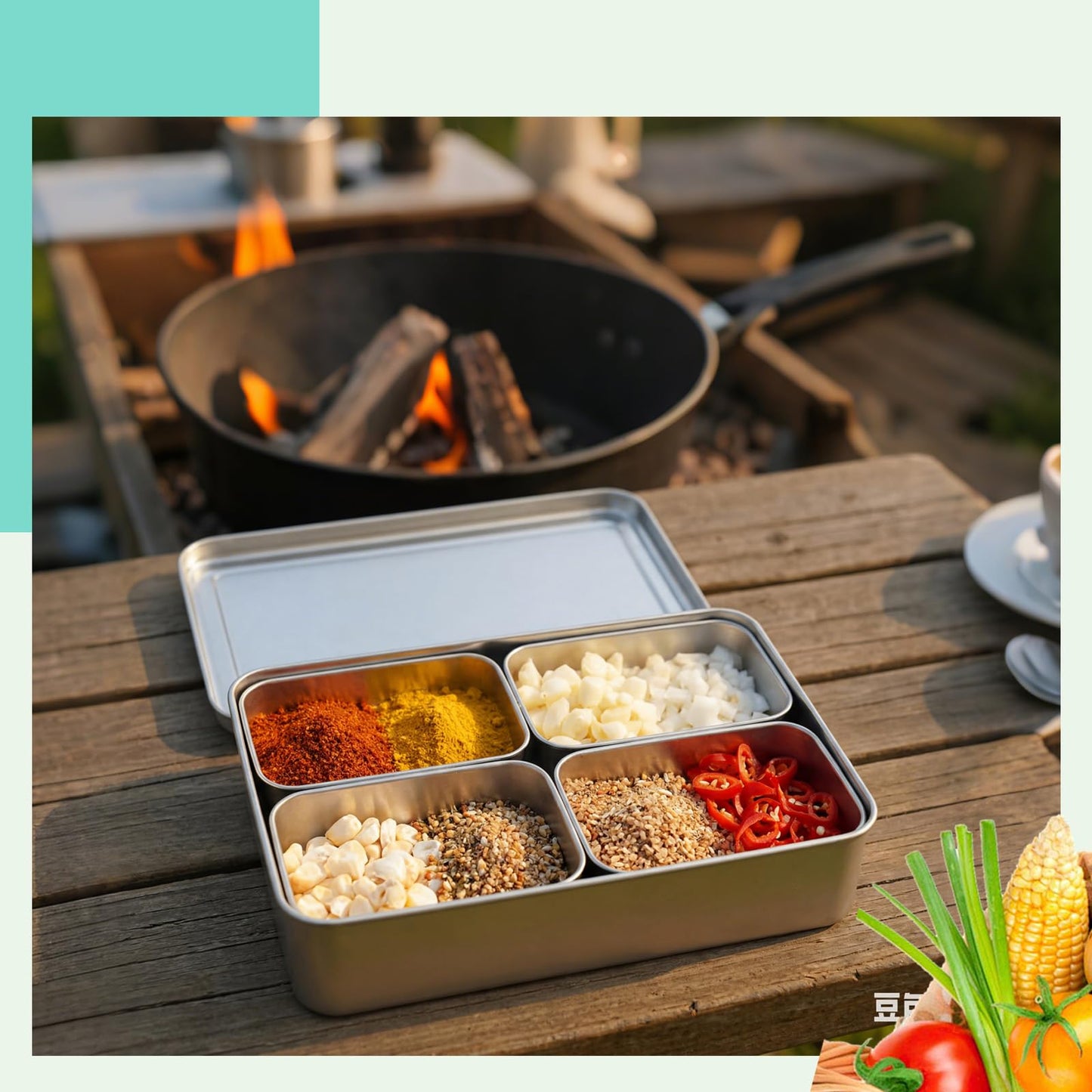 Boao 4 Compartment 304 Yakumi Pans Stainless Steel Seasoning Condiment Container with Lids Spoons, Japanese Yakumi Pans Mini Sauces Salad Dressings Storage for Food, Herbs, Spices