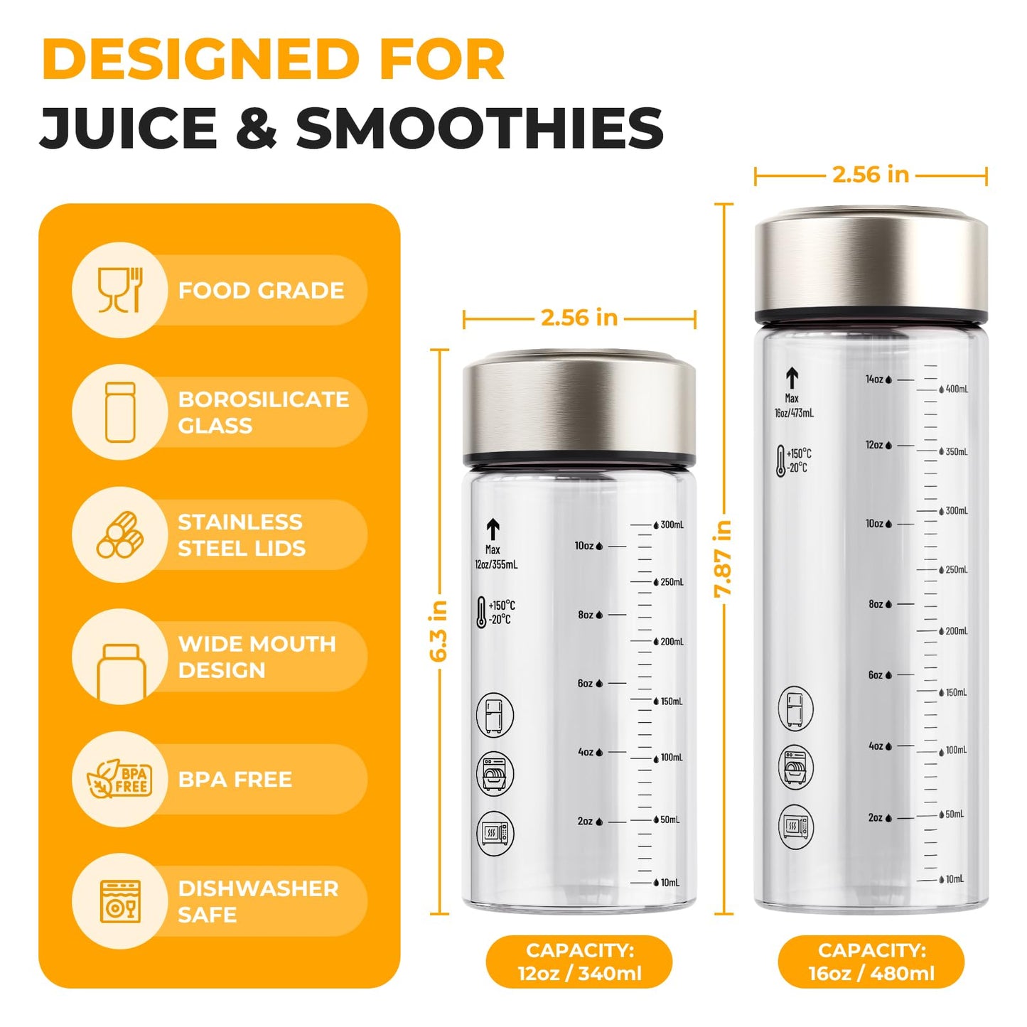 Sursip Glass Juice Bottles 6 Pack 12 oz – Wide Mouth Borosilicate Glass Bottles with Lids – Heat-Resistant, Leakproof, BPA Free, Reusable for Juicing, Smoothies, Milk, Protein Drinks, Water