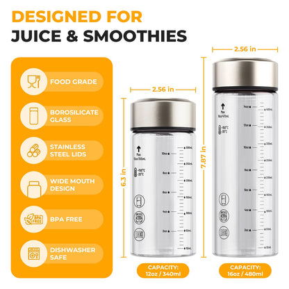 Sursip Glass Juice Bottles 6 Pack 12 oz – Wide Mouth Borosilicate Glass Bottles with Lids – Heat-Resistant, Leakproof, BPA Free, Reusable for Juicing, Smoothies, Milk, Protein Drinks, Water