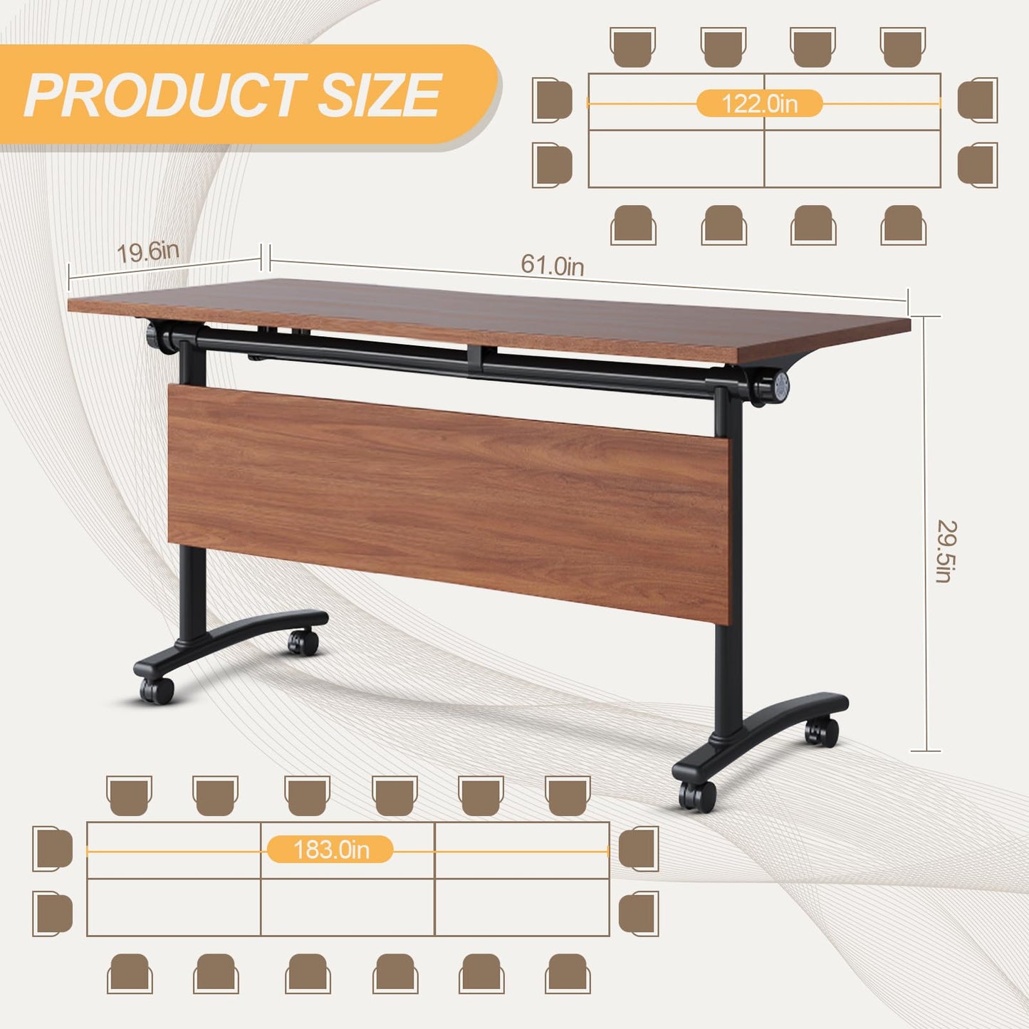 Modular Folding Conference Room Table with Wheels - 6 Pack Flip Top Mobile Training Table,Modern Meeting Tables 2-30 Person,Walnut,61"x 19.6"x 29.5"