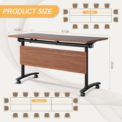 Modular Folding Conference Room Table with Wheels - 6 Pack Flip Top Mobile Training Table,Modern Meeting Tables 2-30 Person,Walnut,61"x 19.6"x 29.5"