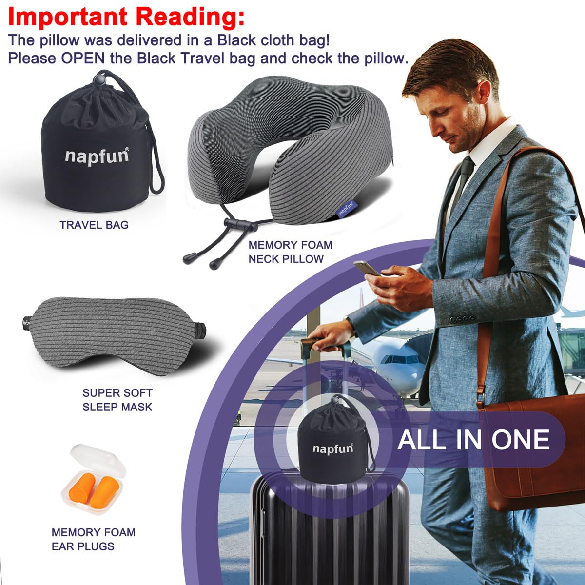 napfun Neck Pillow for Traveling, Upgraded Travel Neck Pillow for Airplane 100% Pure Memory Foam Travel Pillow for Flight Headrest Sleep, Portable Plane Accessories, Light Grey