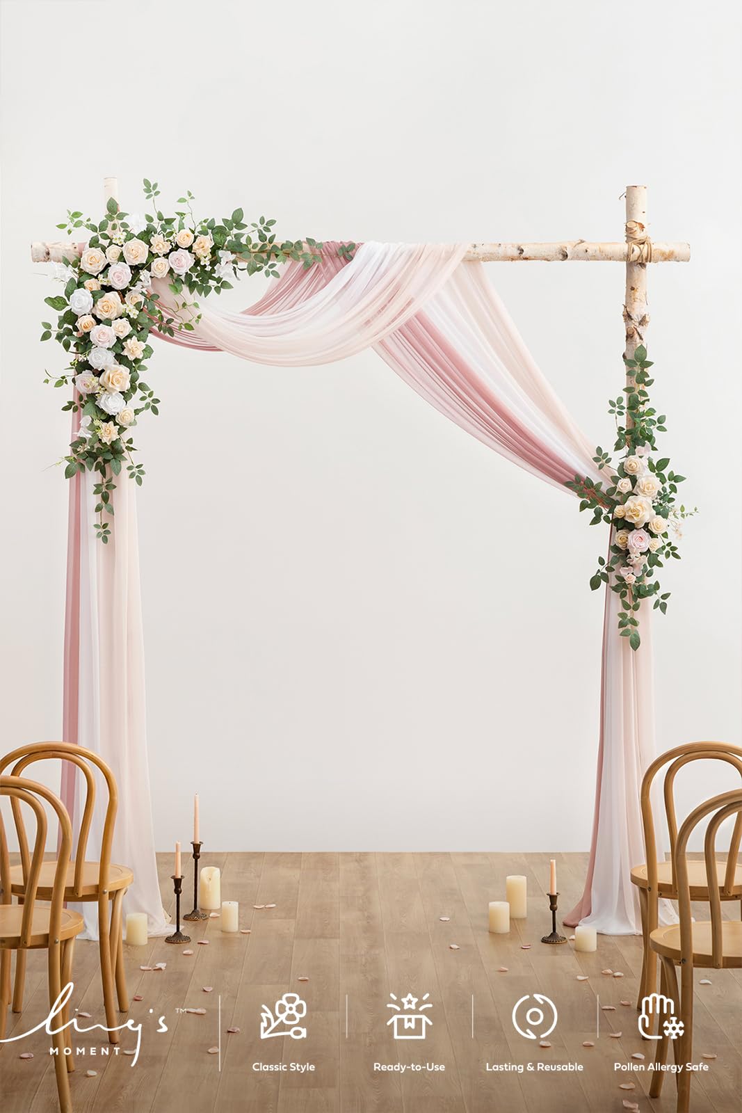 Ling's moment Wedding Arch Flowers with Drapes Kit-Pack of 5, 2pcs Flower Arrangements 3pcs Sheer Hanging Drapes White Ceremony Arbor Backdrop Artificial Rose Floral Decorations, Blush Cream