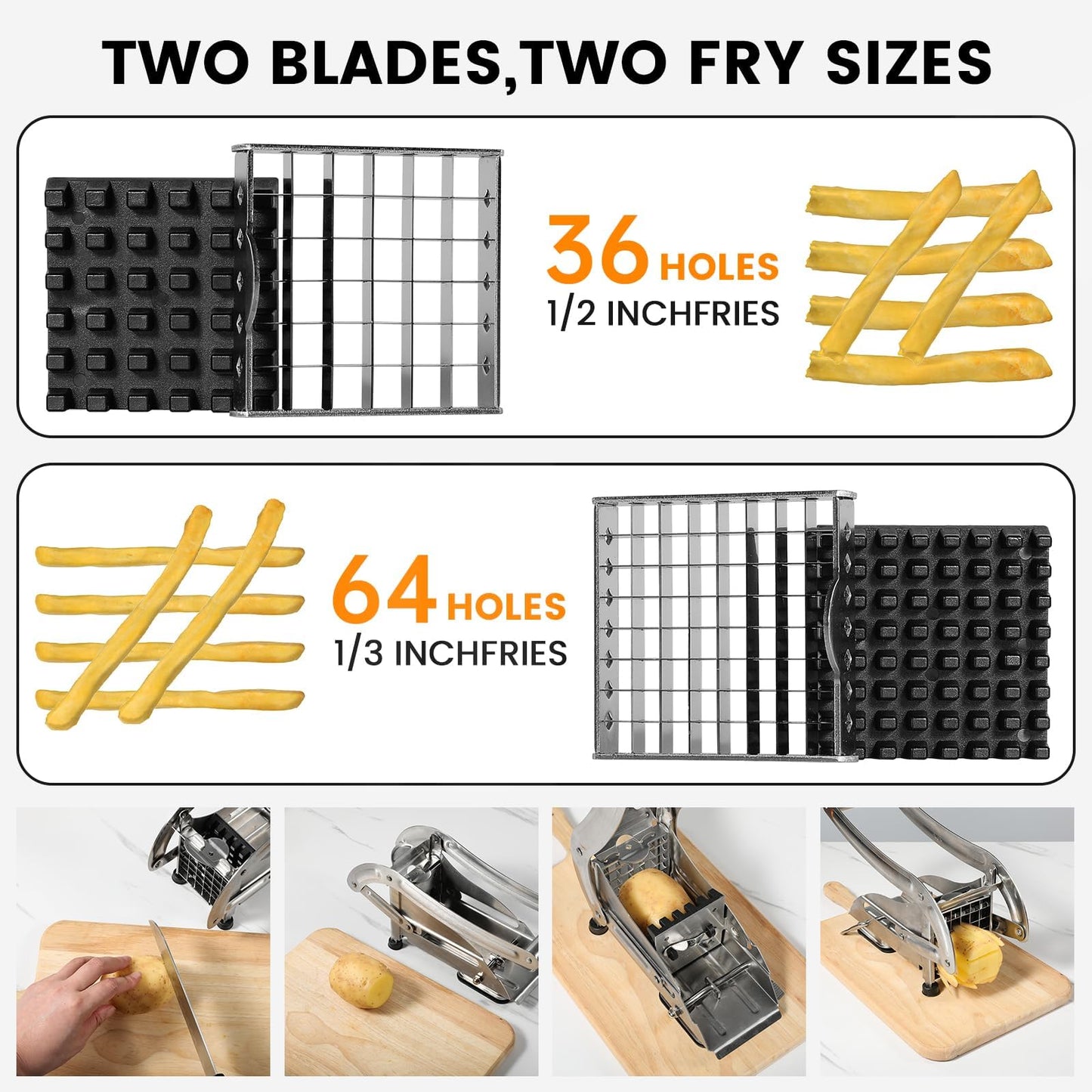 QBGSFSYG Stainless Steel Potato Slicer & French Fry Cutter - 2 Blades (1/2" & 1/3") for Homemade Fries, Non-Slip Suction Base, Easy Chip & Sweet Potato Maker (Silver)