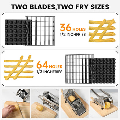 QBGSFSYG Stainless Steel Potato Slicer & French Fry Cutter - 2 Blades (1/2" & 1/3") for Homemade Fries, Non-Slip Suction Base, Easy Chip & Sweet Potato Maker (Silver)