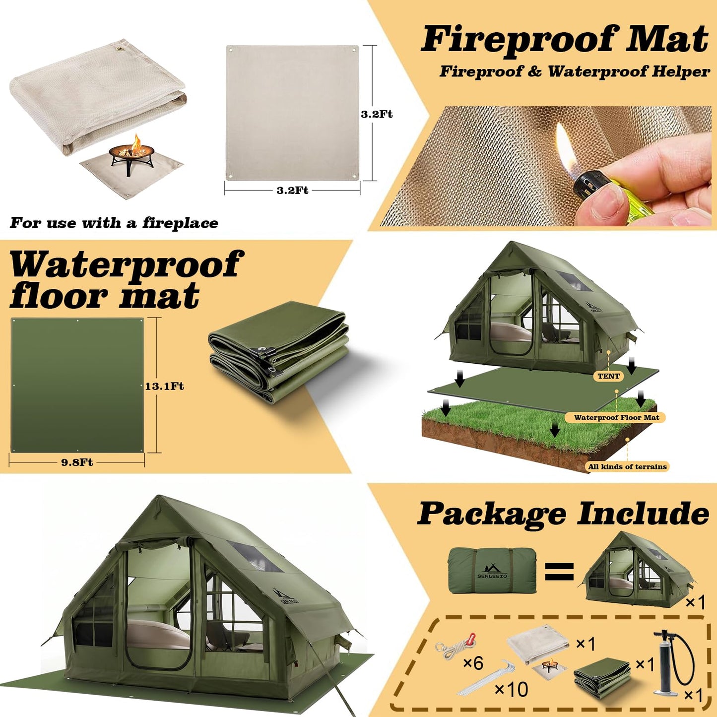 9.8' x 7' Inflatable Tents for Camping 4-6 Person, 4 Season Blow Up Tent with Waterproof & Anti-Moisture Tarp, Luxury Inflatable Hot Tent with Stove Jack for Camping Outdoors