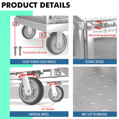 4-in-1 Platform Truck Cart with Cage, Multi-Purpose Heavy Duty Steel Flatbed Cart with 2200lbs Capacity Platform Hand Truck 6" Wheels Push Cart Dolly for Groceries, Garage, Warehouse (41“L x 24" W)