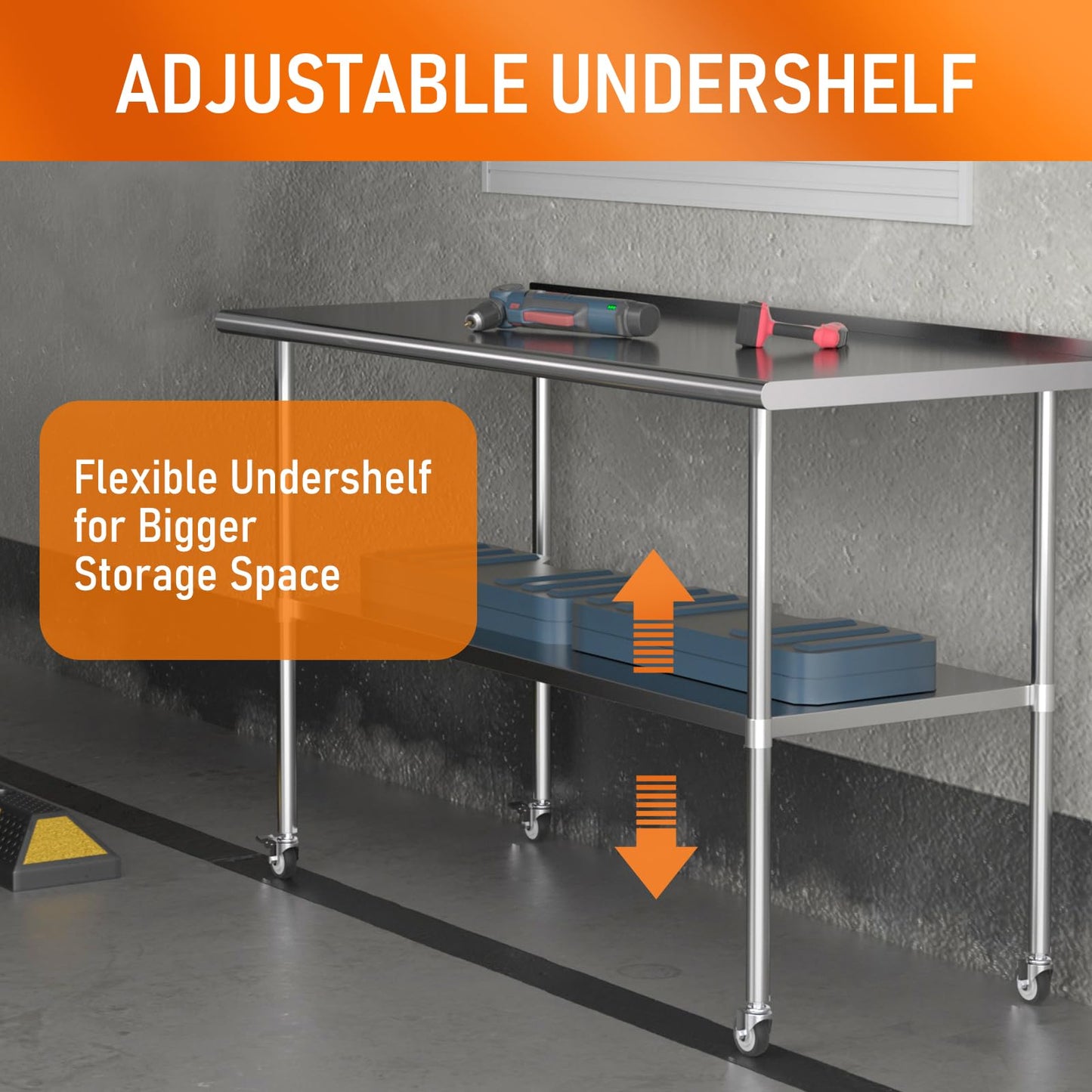 HOCCOT Stainless Steel Prep Table 30" X 60" with Adjustable Undershelf, Backsplash and Wheels, Commercial Metal Workstations for Kitchen, Garage, Home and Hotel