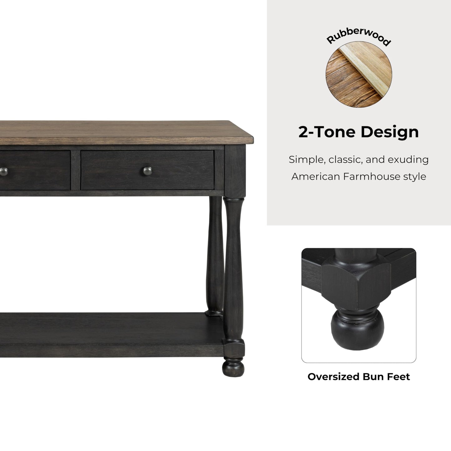 Furniture of America Narella Solid Wood 60-inch Sofa Table with 3 Drawers, Farmhouse Legs and Ball-Bearing Glide for Living Room, Weathered Black