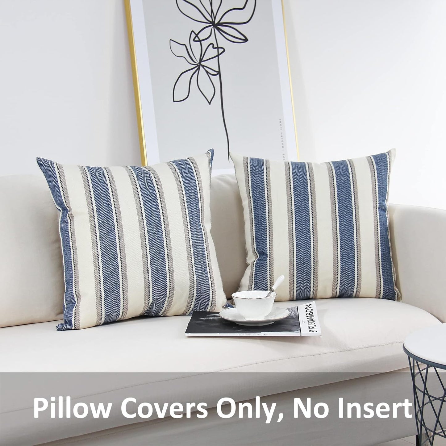 JOJUSIS Farmhouse Stripe Throw Pillow Covers, Pack of 2, 20 x 20 Inch, Blue